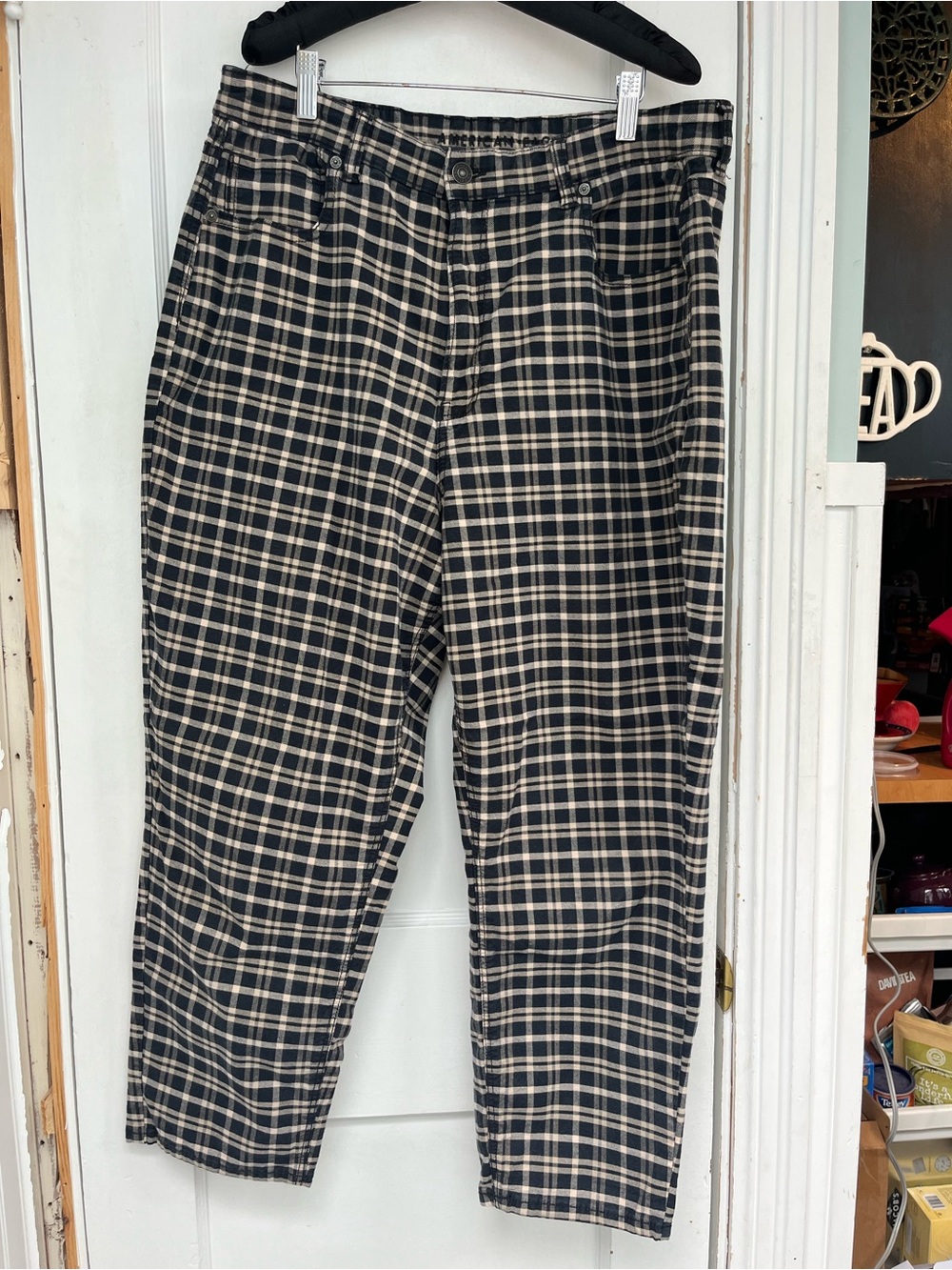 American eagle, cropped plaid “Mom Jean”